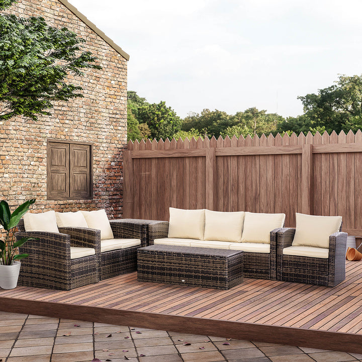 Conjunto de Móveis de Jardim de Vime 6 Peças Sofá Duplo de 3 Lugares 2 Poltronas Individuais 2 Mesas Auxiliares com Armazenamento e Almofadas Marrom e Creme