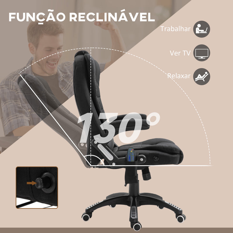 Cadeira de Massagem com 6 Pontos de Massagem Cadeira de Escritório Reclinável até 130° com Função de Aquecimento Altura Ajustável e Rodas para Estúdio 68x72x110-120 cm Preto