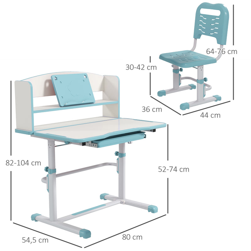 Conjunto de Secretária e Cadeira para Crianças de 6-12 Anos Secretária para Crianças com Altura Ajustável com 1 Gaveta 1 Prateleira para Livros e Ângulo da Mesa Ajustável 80x54,5x82-104 cm Azul