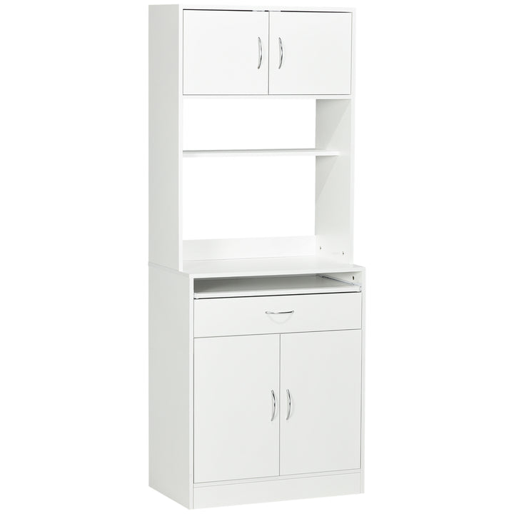 Armário de Cozinha Móvel Auxiliar de Cozinha com 4 Portas Bandeja Amovível Prateleira Ajustável Gaveta e Bancada para Micro-Ondas 70x40x180 cm Branco