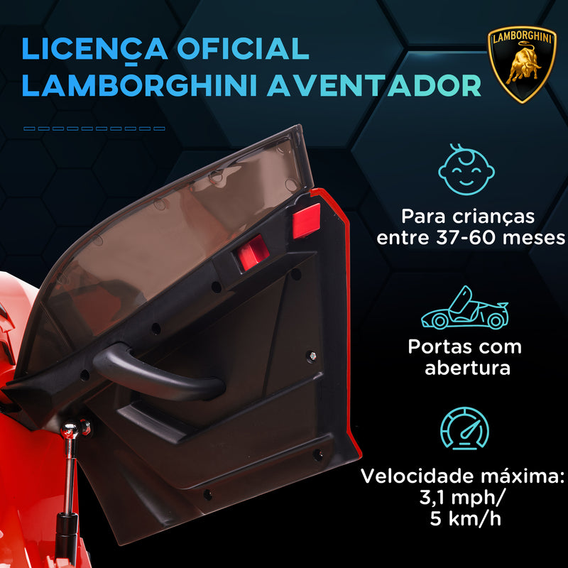 Carro Elétrico Lamborghini para Crianças de 37 a 60 Meses Carro Elétrico a Bateria 12V Velocidade Máxima 5km/h Controlo Remoto MP3 Luzes e Cinto de Segurança 107,5x63x42 cm Vermelho