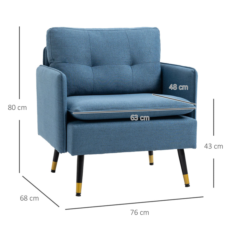 Poltrona Sala de Estar Poltrona Relax com Apoio para os Braços Assento Acolchoado e Pés de Aço Sofá Individual Moderno para Dormitório 76x68x80 cm Azul