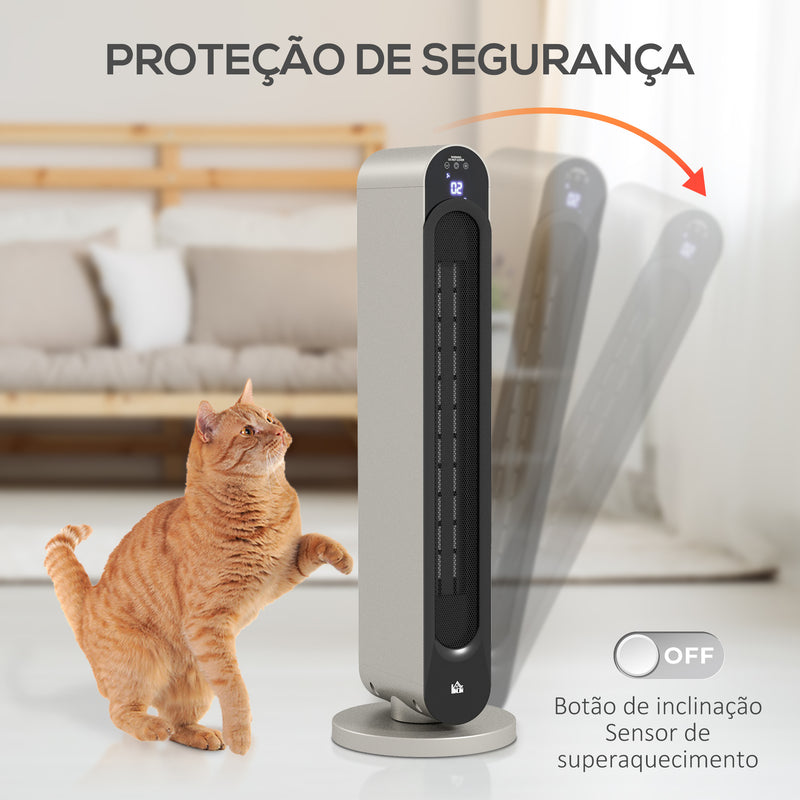 Aquecedor Cerâmico de Torre 1100/2200W com Controlo Remoto Ecrã LED Temporizador de 12h Termostato 3 Modos e Oscilação para 20-25m² Ø25x73,5cm Prata e Preto