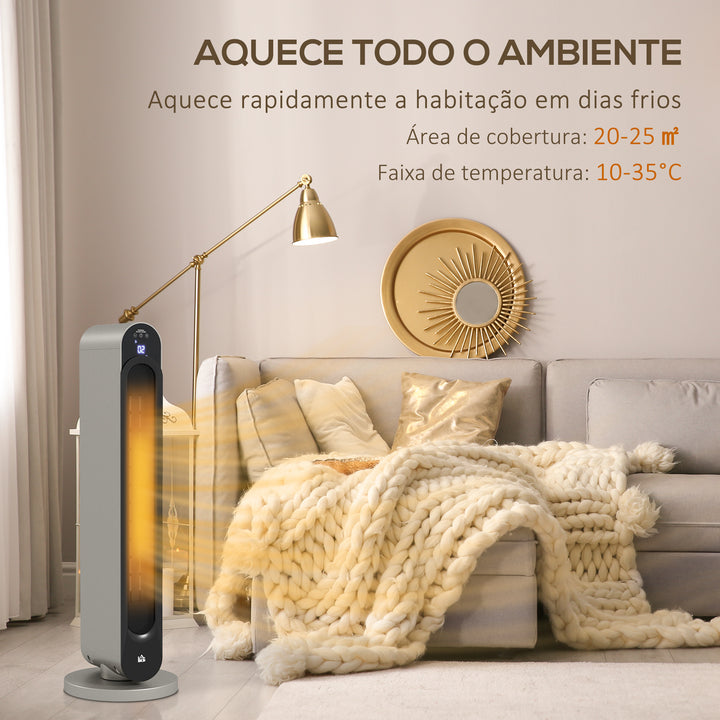 Aquecedor Cerâmico de Torre 1100/2200W com Controlo Remoto Ecrã LED Temporizador de 12h Termostato 3 Modos e Oscilação para 20-25m² Ø25x73,5cm Prata e Preto