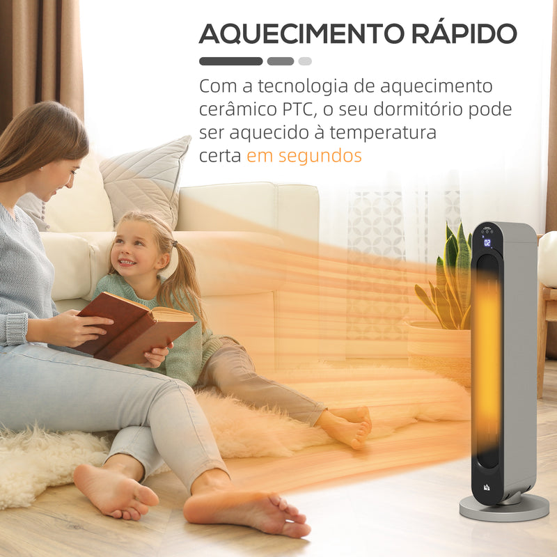 Aquecedor Cerâmico de Torre 1100/2200W com Controlo Remoto Ecrã LED Temporizador de 12h Termostato 3 Modos e Oscilação para 20-25m² Ø25x73,5cm Prata e Preto