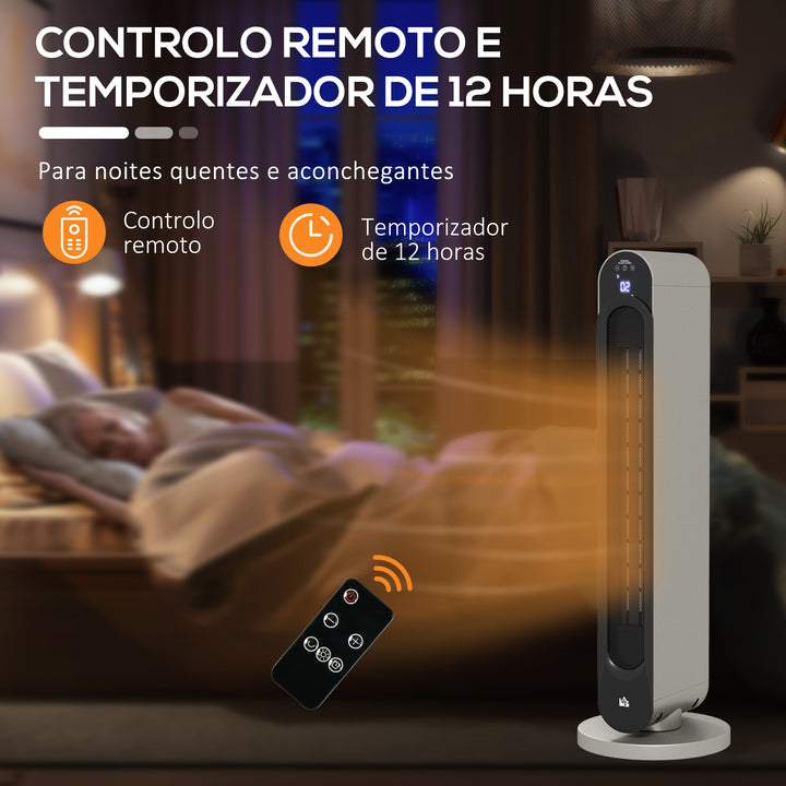 Aquecedor Cerâmico de Torre 1100/2200W com Controlo Remoto Ecrã LED Temporizador de 12h Termostato 3 Modos e Oscilação para 20-25m² Ø25x73,5cm Prata e Preto