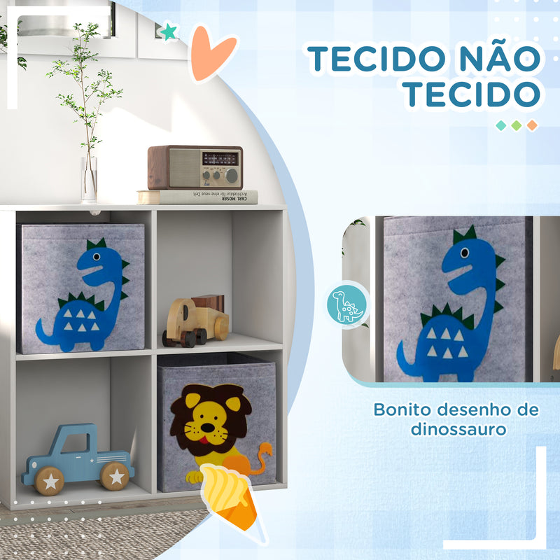 Estante para Brinquedos Estante para Crianças acima de 3 Anos com 4 Compartimentos de Armazenamento e 2 Caixas de Tecido não Tecido com Desenho de Animais 61,8x29,9x61,8 cm Branco e Cinza