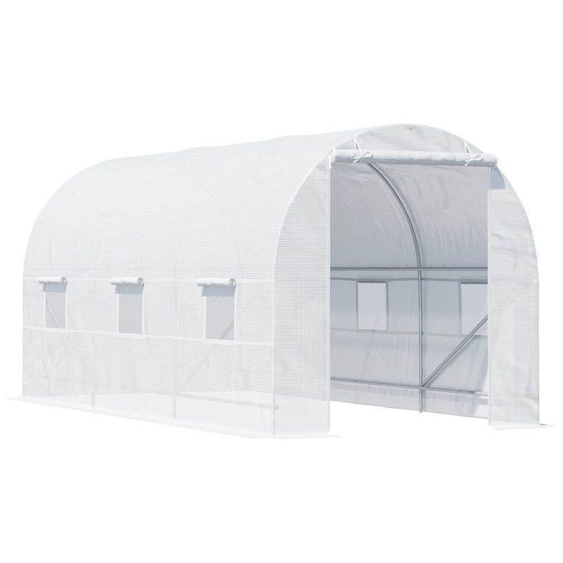 Estufa tipo Túnel 450x200x200 cm Estufa de Jardim com Porta Enrolável e 6 Janelas Cobertura de PE 140 g/m² Anti-UV Estrutura de Metal para Cultivo de Plantas Verduras Branco