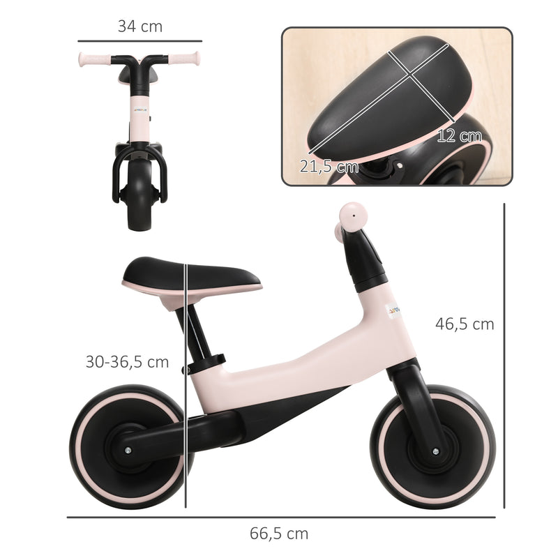 Bicicleta sem Pedais para Crianças acima de 18 Meses Bicicleta Infantil para Bebé com Assento Ajustável em 30-36,5 cm Rodas de Ø19 cm Carga 25 kg 66,5x34x46,5 cm Rosa