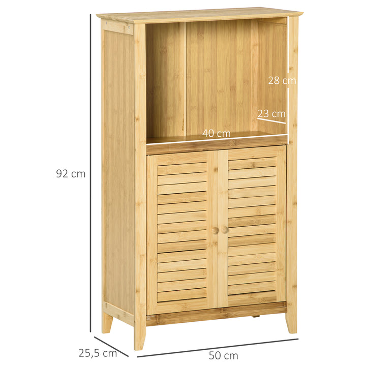 Armário Auxiliar Casa de Banho de Bambu Armário de Casa de Banho com 2 Portas Compartimento Aberto e Prateleira Ajustável 50x25,5x92 cm Madeira