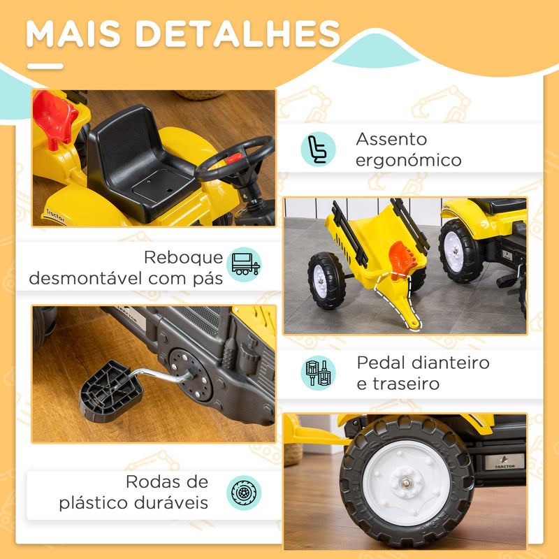 Trator a Pedais para Crianças acima de 3 Anos Trator com Reboque de Pedais para Crianças com Acessórios Carga Máxima 35 kg 133x42x51 cm Amarelo e Preto