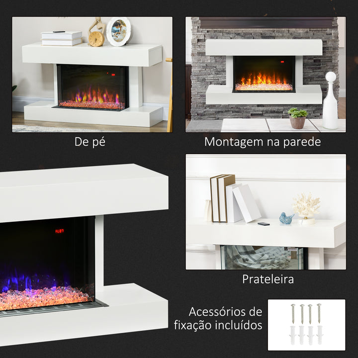 Lareira Elétrica 1000W/2000W Lareira Elétrica de Parede com Temperatura Ajustável Silenciosa Temporizador e Controlo Remoto para Ambientes de 15-25 m² 98x27x54,5 cm Branco