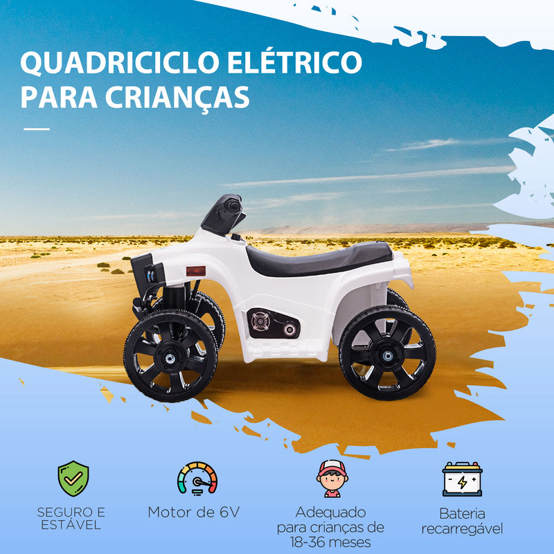 Quadriciclo Elétrico para Crianças a cima de 18 Meses Quadriciclo Infantil a Bateria 6V Faróis Buzina Velocidade -3km/h Avanço e Recuo 65x40x43 cm Branco