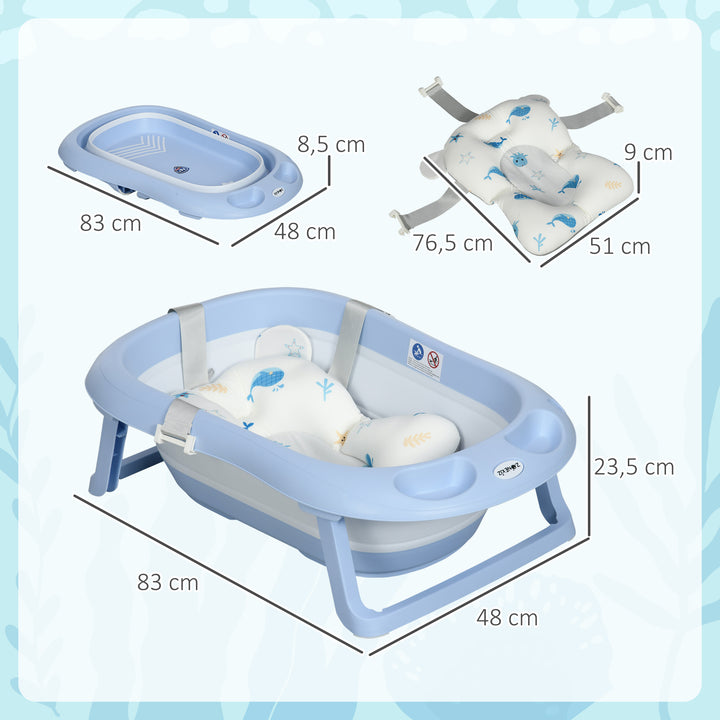 Banheira para Bebé Recém Nascido Dobrável 40L com Almofada Pés Antiderrapantes Orifício de Drenagem e Suporte para Duche 83x48x23,5 cm Azul