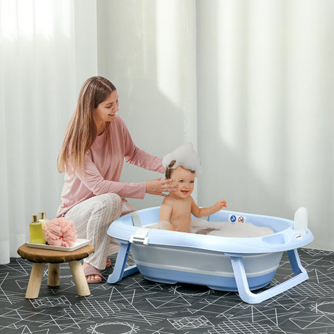Banheira para Bebé Recém Nascido Dobrável 40L com Almofada Pés Antiderrapantes Orifício de Drenagem e Suporte para Duche 83x48x23,5 cm Azul