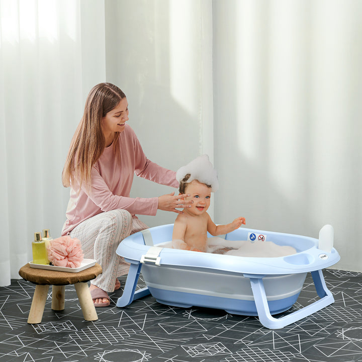 Banheira para Bebé Recém Nascido Dobrável 40L com Almofada Pés Antiderrapantes Orifício de Drenagem e Suporte para Duche 83x48x23,5 cm Azul