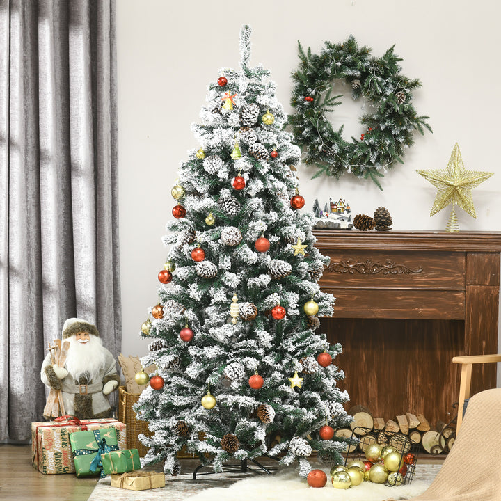 Árvore de Natal Artificial Altura 180 cm Árvore Nevada com 695 Ramos 57 Pinhas e Base de Aço Dobrável Ø104x180 cm Verde