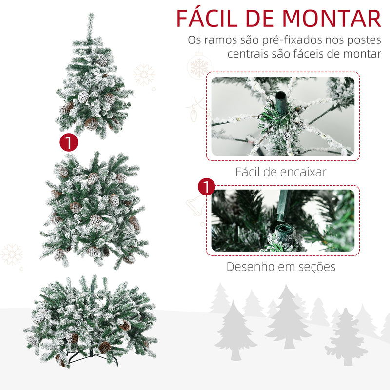 Árvore de Natal Artificial Altura 180 cm Árvore Nevada com 695 Ramos 57 Pinhas e Base de Aço Dobrável Ø104x180 cm Verde