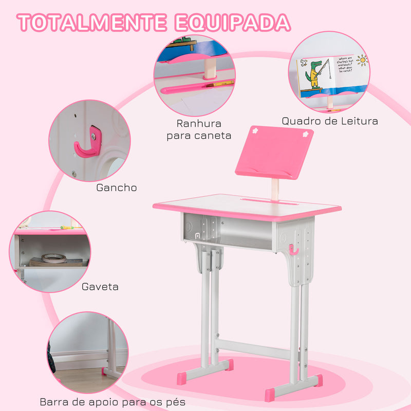 Conjunto de Secretária e Cadeira para Crianças de 6-12 Anos Secretária Infantil com Altura Ajustável 1 Gaveta 1 Suporte para Lápis e 1 Prateleira para Livros 60x45x90-120 cm Rosa