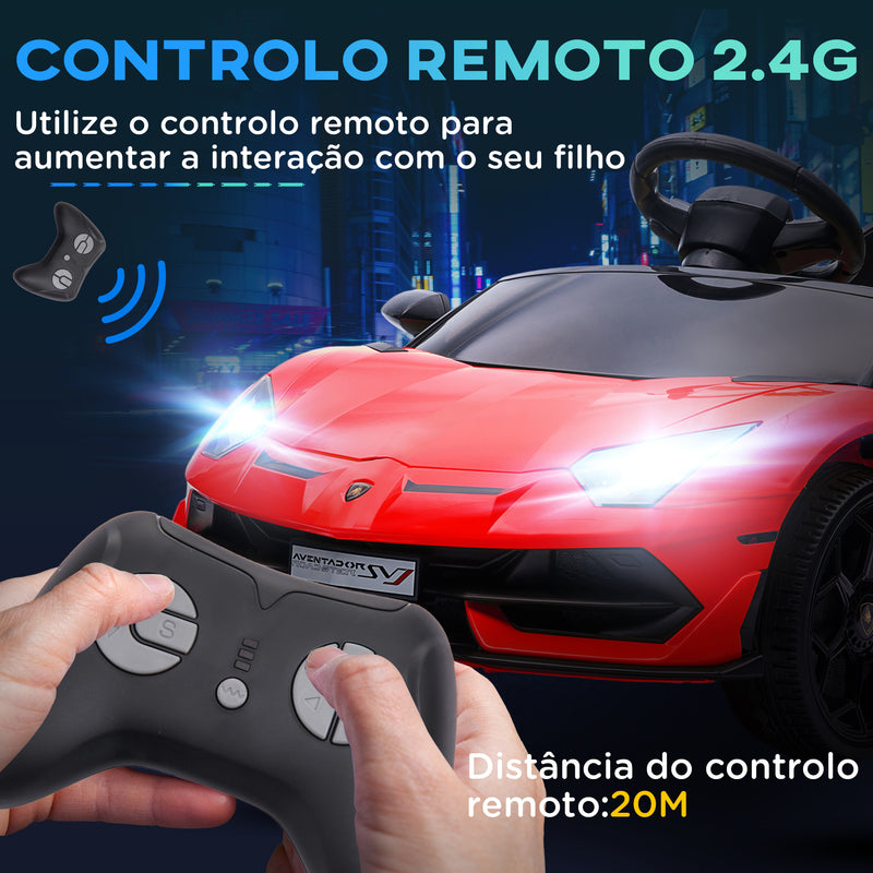 Carro Elétrico Lamborghini para Crianças de 37 a 60 Meses Carro Elétrico a Bateria 12V Velocidade Máxima 5km/h Controlo Remoto MP3 Luzes e Cinto de Segurança 107,5x63x42 cm Vermelho