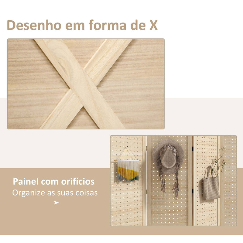 Biombo de 4 Painéis Separador de Ambientes Dobrável 152x1,7x144,5 cm Divisor de Habitações Painéis com Orifícios para Pendurar para Escritório Dormitório Sala de Estar Madeira