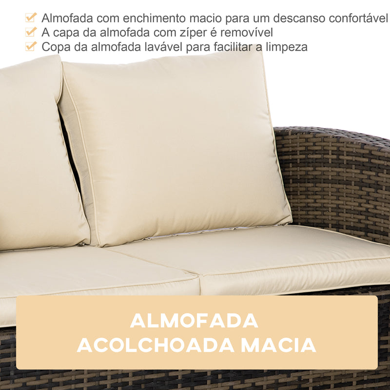 Conjunto de Móveis de Jardim de Vime 6 Peças Sofá Duplo de 3 Lugares 2 Poltronas Individuais 2 Mesas Auxiliares com Armazenamento e Almofadas Marrom e Creme