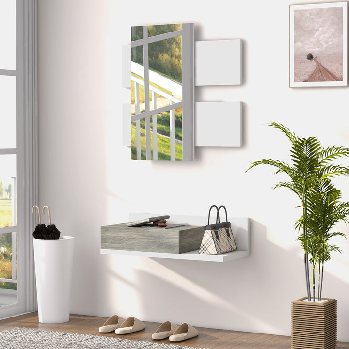 Conjunto de Móveis de Entrada com Espelho e Gaveta Móvel de Entrada Suspenso para Corredor Estilo Moderno 75x3,5x75 cm e 75x30,5x20 cm Branco e Cinza