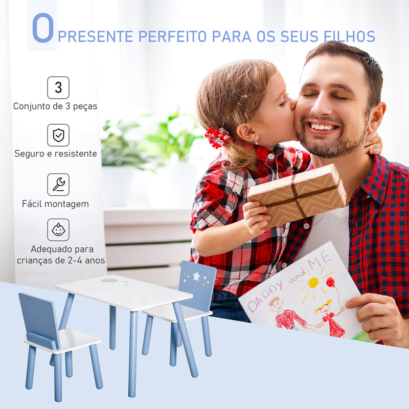 Conjunto de Mesa Infantil e 2 Cadeiras de Madeira Mesa com Cadeiras para Crianças de 2-4 Anos Mesa 60x40x43 cm e Cadeiras 28x26x48 cm para Dormitório Sala de Estar Branco e Azul