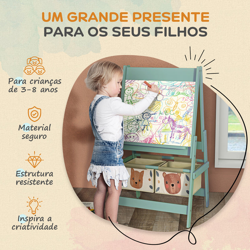 Cavalete para Crianças 3 em 1 Cavalete Infantil de Dupla Face Cavalete de Arte com Rolo de Papel Quadro e 2 Cestas de Armazenamento 54x46,5x93 cm Verde