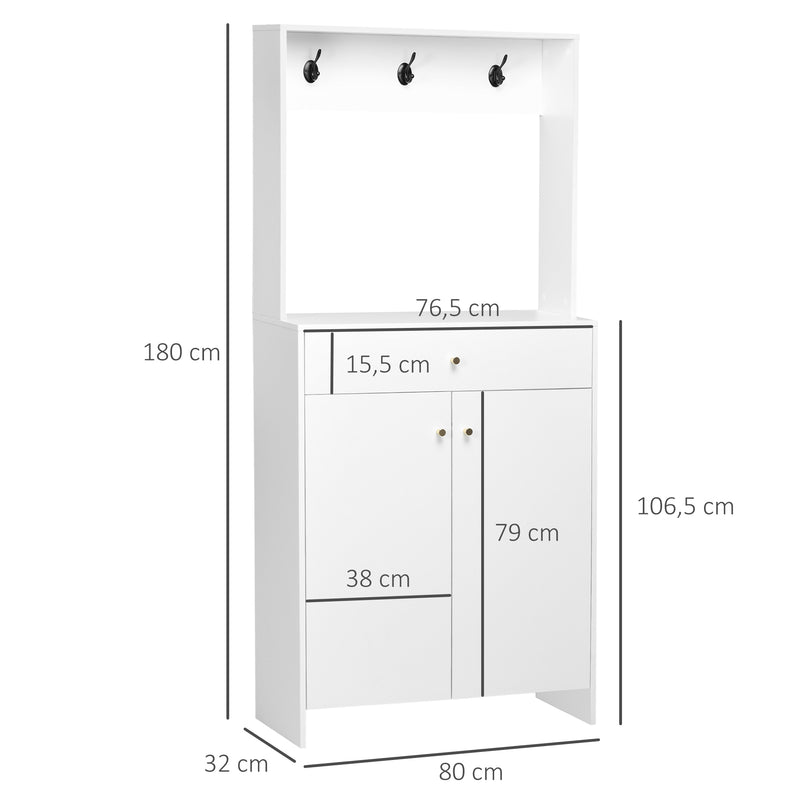 Móvel Cabide de Entrada Armário para Sapatos com 3 Ganchos 2 Portas e Prateleiras Ajustáveis para 12 Pares de Sapatos para Corredor Entrada 80x32x180 cm Branca