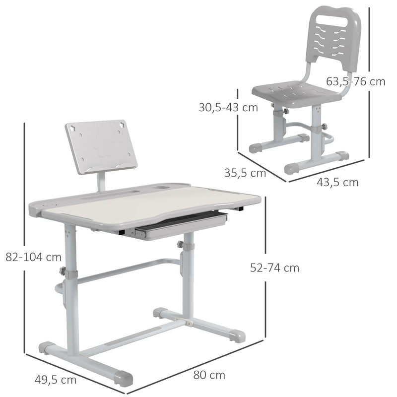 Conjunto de Secretária e Cadeira para Crianças de 6-12 Anos Secretária para Crianças com Altura Ajustável com 1 Gaveta Prateleira para Livros e Ângulo da Mesa Ajustável 80x49,5x82-104 cm Cinza e Branco