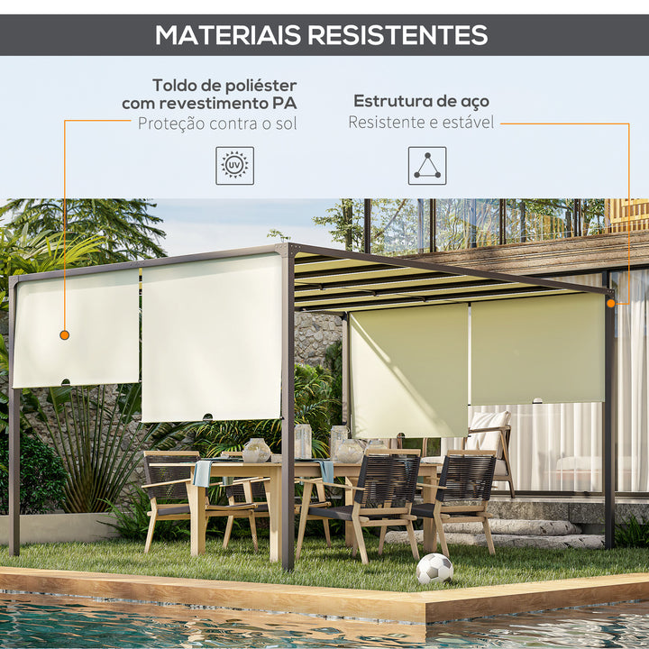 Pérgola de Jardim 297x397x220 cm com Teto Retrátil Pérgola com Luzes LED Energia Solar Estrutura de Aço Pérgola para Pátio Exterior Creme