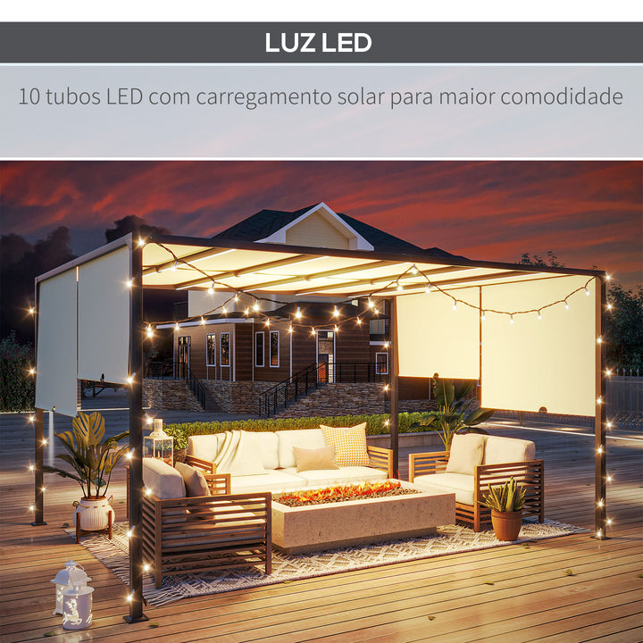 Pérgola de Jardim 297x397x220 cm com Teto Retrátil Pérgola com Luzes LED Energia Solar Estrutura de Aço Pérgola para Pátio Exterior Creme
