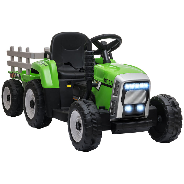 Trator Elétrico com Reboque Amovível Carro Elétrico para Crianças 3-6 Anos com Controlo Remoto Música MP3 Luzes e Cinto de Segurança 136,5x50x52,5 cm Verde