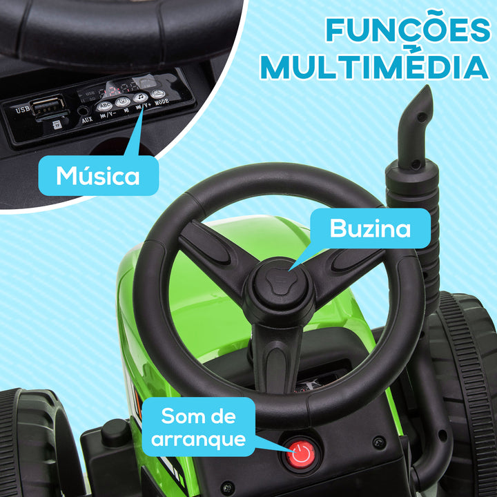 Trator Elétrico com Reboque Amovível Carro Elétrico para Crianças 3-6 Anos com Controlo Remoto Música MP3 Luzes e Cinto de Segurança 136,5x50x52,5 cm Verde