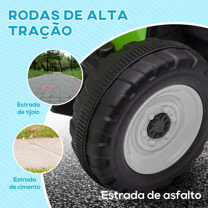 Trator Elétrico com Reboque Amovível Carro Elétrico para Crianças 3-6 Anos com Controlo Remoto Música MP3 Luzes e Cinto de Segurança 136,5x50x52,5 cm Verde