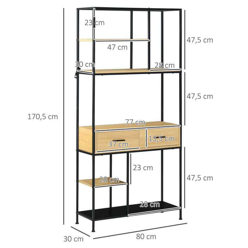 Estante Industrial de 5 Níveis Estante para Livros Móvel de Armazenamento com 2 Gavetas e Estrutura de Metal para Sala de Estar Escritório 80x30x170,5 cm Madeira e Preto