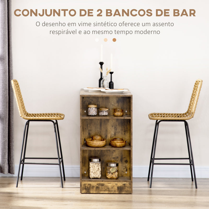 Bancos Altos de Cozinha Conjunto de 2 Bancos de Vime Sintético Bancos de Bar Modernos com Pés de Aço Carga Máxima 120 kg 42,5x52x102 cm Madeira e Preto