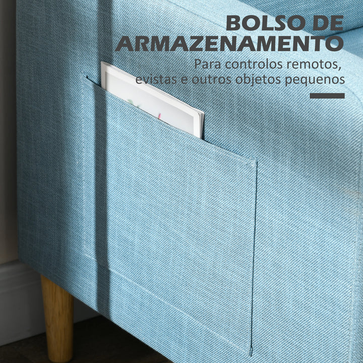 Sofá de 2 Lugares Sofá Moderno Estofado em Poliéster com 2 Bolsos Laterais Apoio para os braços e Pés de Madeira para Sala de Estar Escritório Carga 200 kg 143x76x83 cm Azul