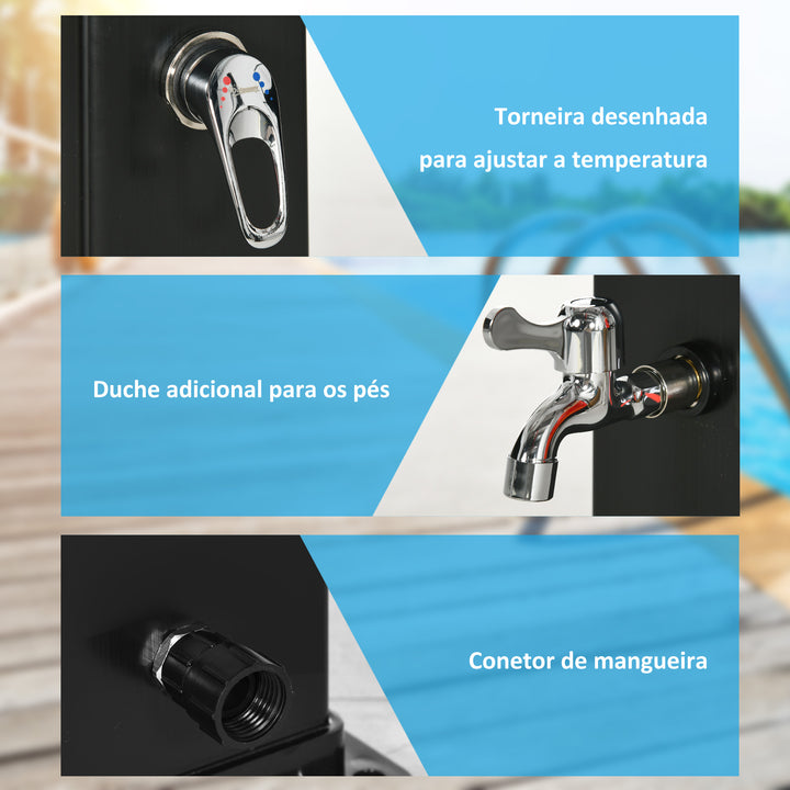 Duche Solar Exterior 40L Duche de Jardim com Cabeçal Torneira Água Quente até 60? e Duche de Pés para Piscina Pátio Praia 19x20x217 cm Preto