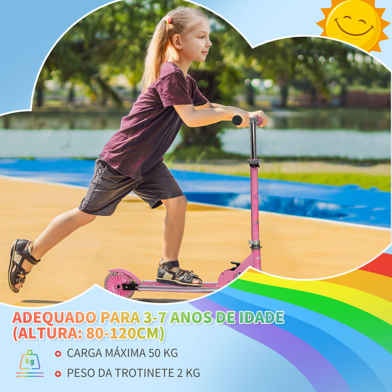 Trotinete para Crianças Dobrável Trotinete Infantil com Luzes e Música 4 Alturas Ajustável Rodas Brilhantes e Pedal LED para 3-7 Anos Carga 50 kg 67x32x65-78 cm Rosa