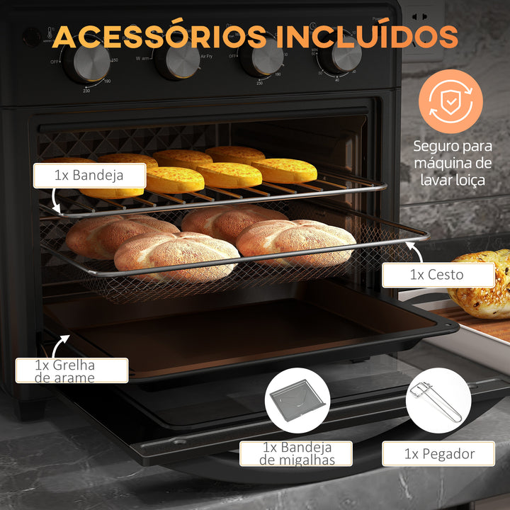 Mini Forno Elétrico Multifuncional Mini Forno Elétrico de 30L 1600W Mini Forno de Convecção com 7 Modos Temporizador e Temperatura Ajustável 43x39x39 cm Preto