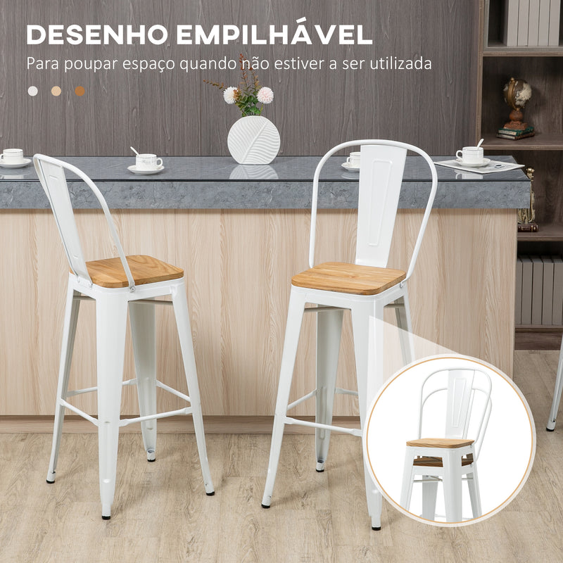 Conjunto de 4 Bancos Altos de Cozinha Empilháveis com Encosto Alto Bancos de Bar com Apoio para os Pés Assento de Madeira e Estrutura de Aço Carga 120 kg 44x53x116 cm Branco