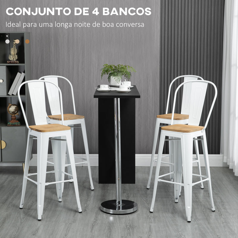 Conjunto de 4 Bancos Altos de Cozinha Empilháveis com Encosto Alto Bancos de Bar com Apoio para os Pés Assento de Madeira e Estrutura de Aço Carga 120 kg 44x53x116 cm Branco