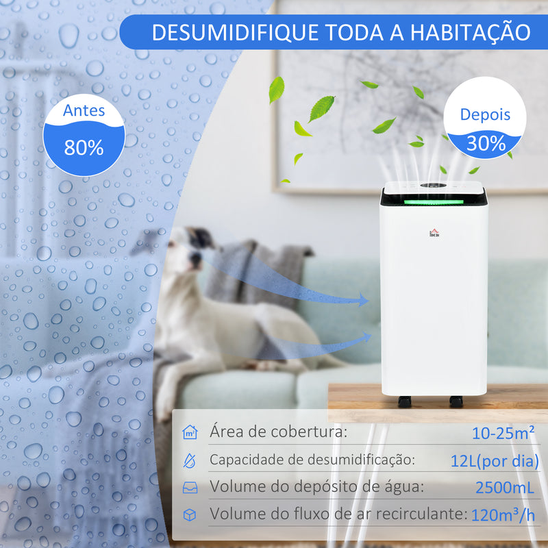 Desumidificador Elétrico 12L/dia Depósito de Água 2,5L Desumidificador de Ar Silencioso com 5 Modos 2 Velocidades Ecrã LED e Temporizador para Dormitórios Sala de Estar 25x25x50,5 cm Branco