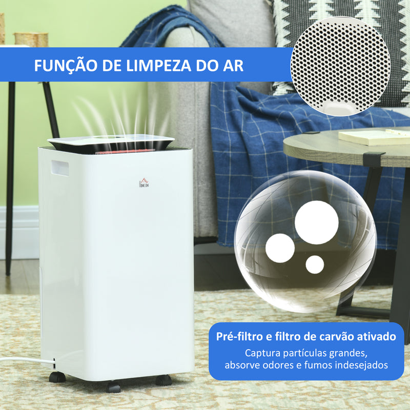 Desumidificador Elétrico 12L/dia Depósito de Água 2,5L Desumidificador de Ar Silencioso com 5 Modos 2 Velocidades Ecrã LED e Temporizador para Dormitórios Sala de Estar 25x25x50,5 cm Branco