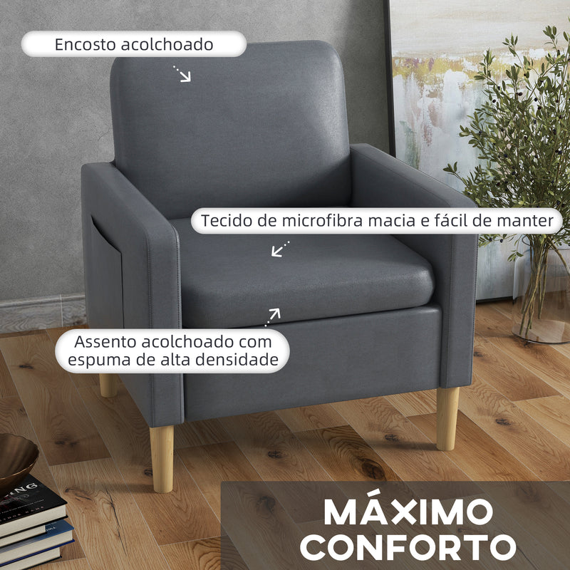 Poltrona Sala de Estar Poltrona Relax com 2 Bolsos Laterais Apoio para os Braços Assento Acolchoado Pés de Madeira Sofá Individual Moderno para Dormitório 73x79x87 cm Cinza