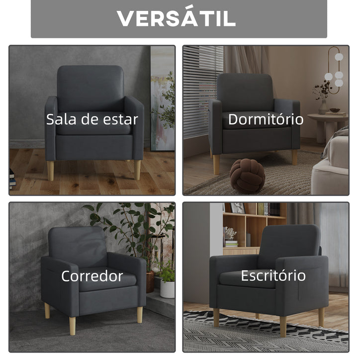 Poltrona Sala de Estar Poltrona Relax com 2 Bolsos Laterais Apoio para os Braços Assento Acolchoado Pés de Madeira Sofá Individual Moderno para Dormitório 73x79x87 cm Cinza