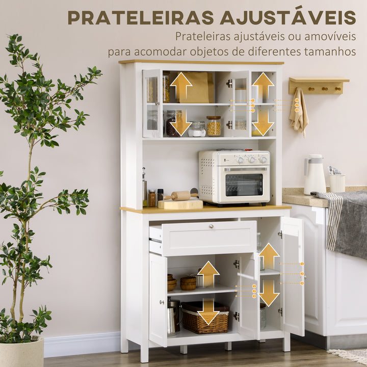 Armário de Cozinha Moderno Móvel Auxiliar de Cozinha com 5 Portas Prateleiras Ajustáveis Gaveta e Bancada para Micro-Ondas 100x40x180 cm Branco e Madeira