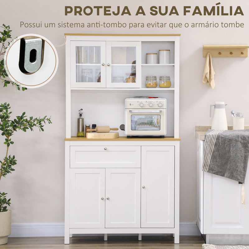 Armário de Cozinha Moderno Móvel Auxiliar de Cozinha com 5 Portas Prateleiras Ajustáveis Gaveta e Bancada para Micro-Ondas 100x40x180 cm Branco e Madeira